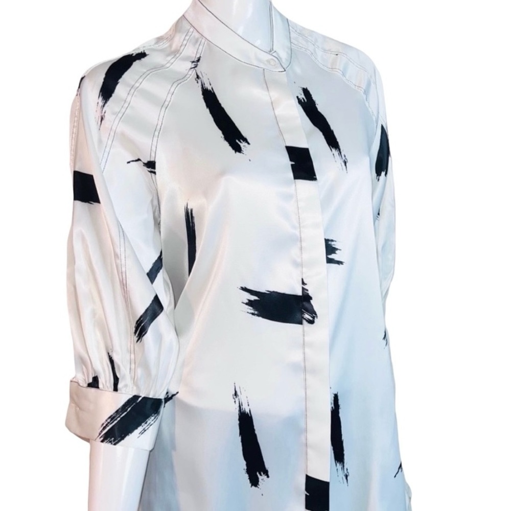 Beach Satin abstract 1/2 Length Sleeve White Black Button Down Shirt - Picture 3 of 8